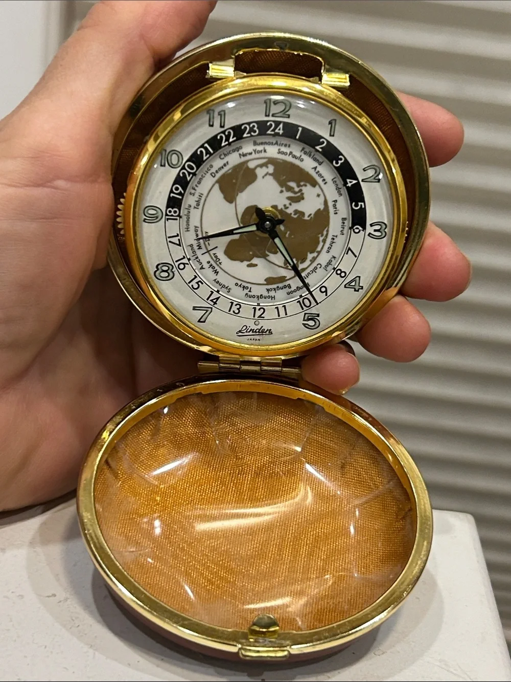 Vintage 70’s Linden Travel Alarm Clock/ World Map Time Zones Wind Up- Working